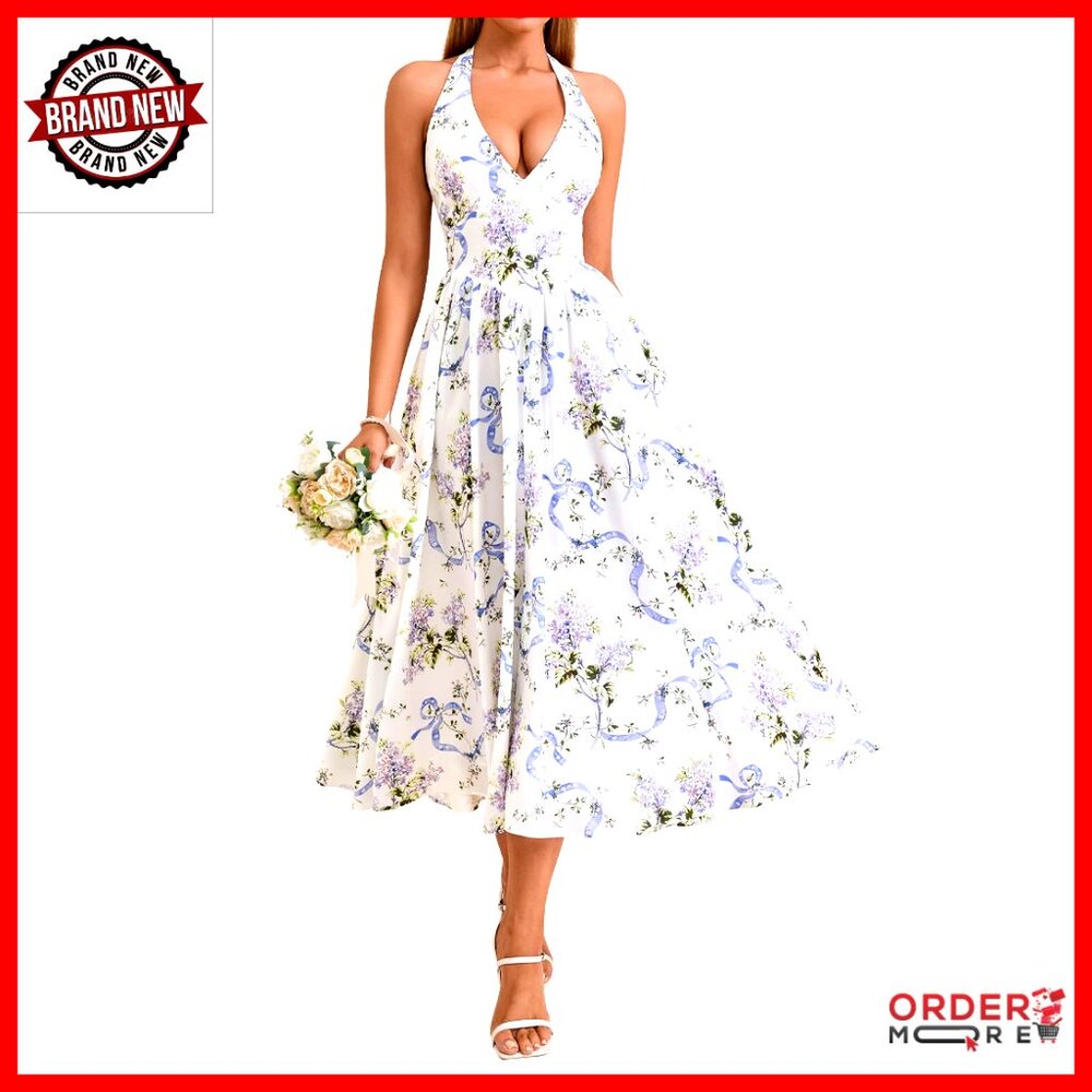 Smocked Gingham Halter Sundress Elegant Flowy A-Line Midi Beach Dress